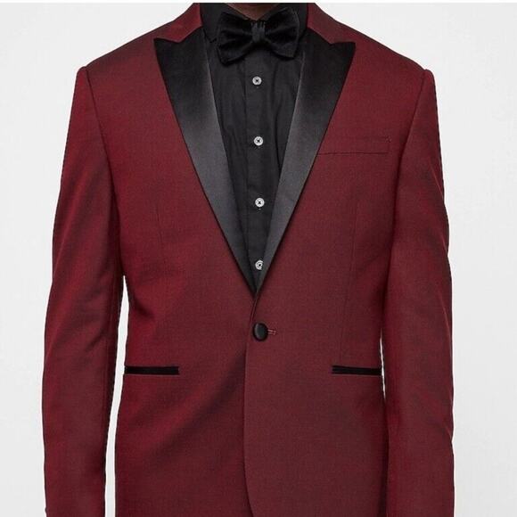 Men’s Express Burgundy/Black Oxford Wool-Blend Tuxedo Jacket Formal 36R Slim - Picture 1 of 10